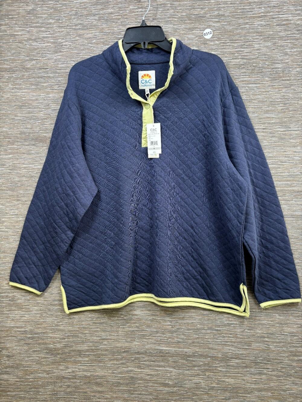 C&C California 1/4 Snap Quilted Sweatshirt Womens 1X Blue W/ Lime Piping NEW